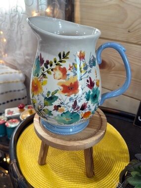 Pioneer Woman Floral Ceramic Pitcher with Blue Handle